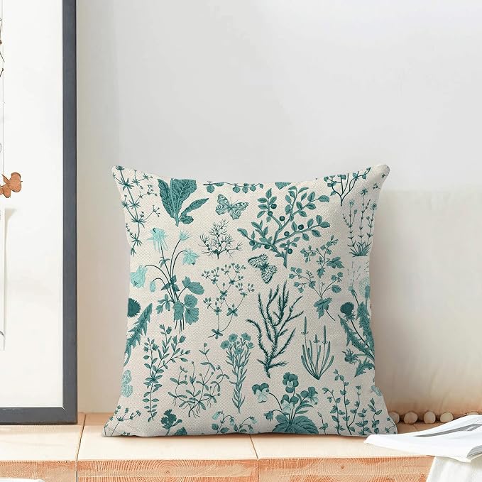 AEIOAE Summer Pillow Covers 20x20 Inch Set of 2,Teal Green Wild Flower Plant Throw Pillows Case,Seasonal Floral Outdoor Decorative Square Linen Farmhouse Decor Cushion Covers for Home Sofa Bed Couch