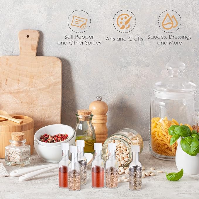Patelai 100 Pcs Mini Liquor Bottles Set, 50ml (1.7oz) Plastic Empty Spirit Bottles for Party, Alcohol Shot Containers with Caps, 6 Liquid Funnels and 100 Kraft Tags with 65 ft Ropes, White Caps