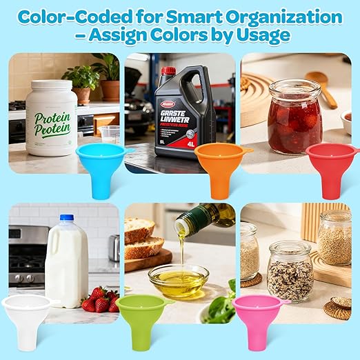 6-Piece Colorful Silicone Funnel Set for Kitchen & Cooking - Flexible Liquid & Powder Funnel with Hang Holes, 2.76" Pour Spout & 0.98" Bottle Neck Fit (Blue, White, Pink, Red, Green, Orange)