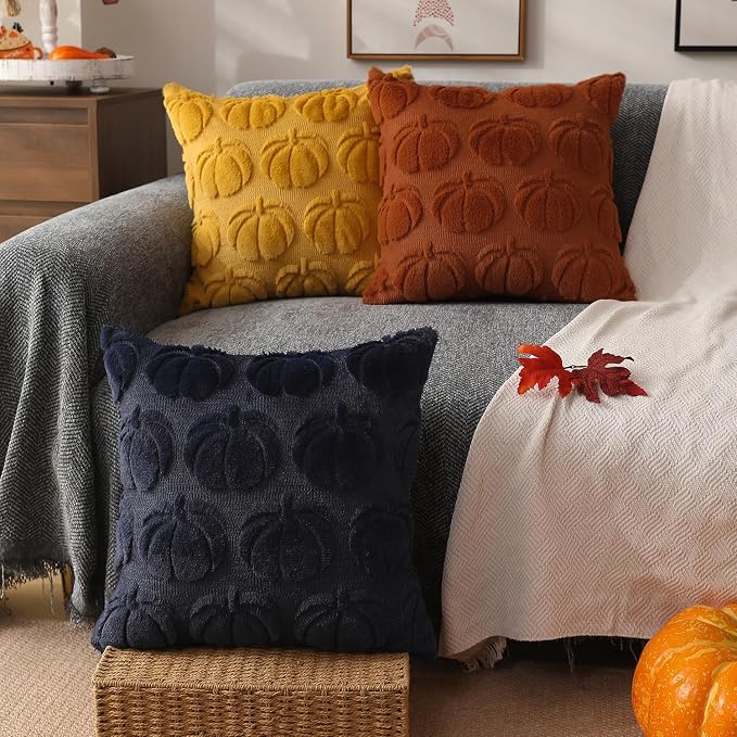 DFXSZ Fall Pillow Covers 16x16 2Pcs Navy Blue Pumpkin Fall Decorations | Fall decor Set of 2 Throw Pillow Cases Soft Plush Faux Fur Wool Couch Cushion for Chair Sofa Bedroom Living Room Home Decor