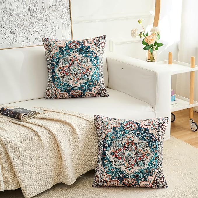 Boho Throw Pillow Covers 20x20 inch Set of 2,Boho Vintage Carpet Pattern Antique Ethnic Decor Double Sided Pattern Cushion Cover Soft Pillow Case Living Sofa Room Bed Square Pillow Cover