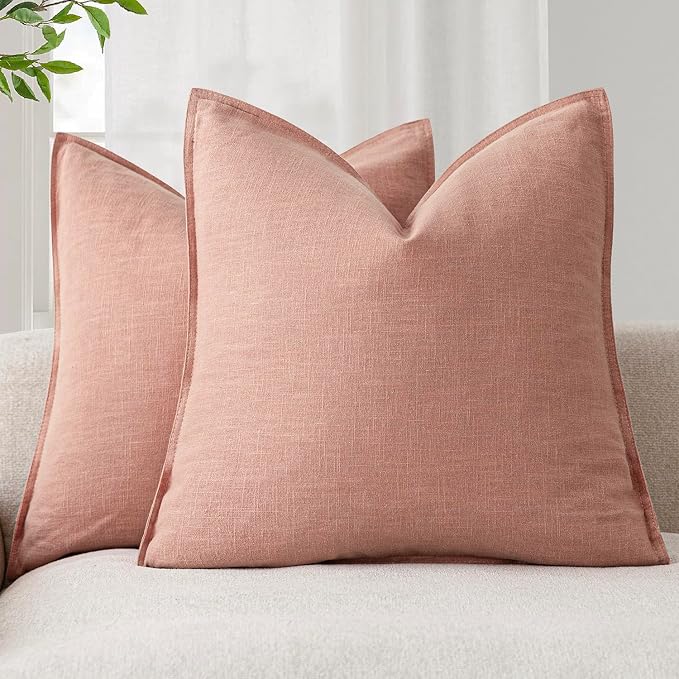 Foindtower Pack of 2, Decorative Linen Solid Throw Pillow Covers Soft Accent Euro Cushion Case Farmhouse Neutral Pillowcase for Chair Couch Sofa Bedroom Living Room Home Decor 20 x 20 Inch Coral Pink