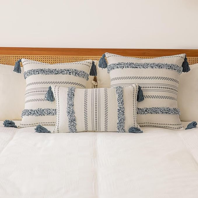 BUIOVBEY Boho Throw Pillow Covers Woven Tufted Pillow Cases with Tassels | Farmhouse Pillow Covers 18x18 Set of 2 Textured Striped Cushion Case Neutral Decorative Pillowcase for Sofa Couch Dark Blue