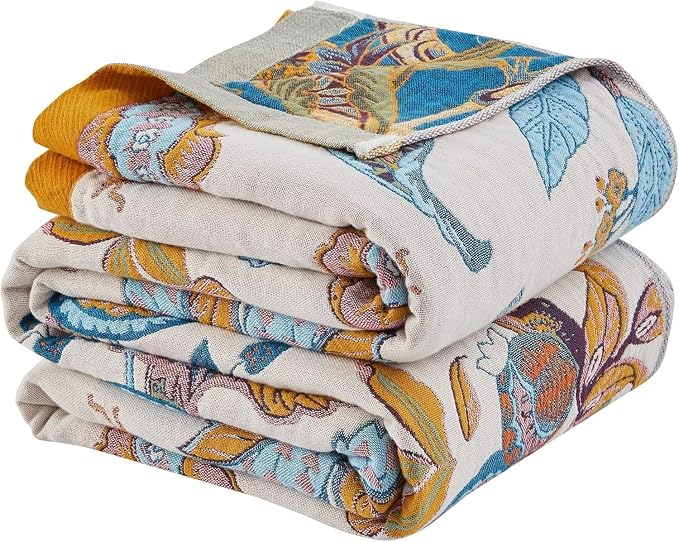 Boho Throw Blanket for Bed 100% Cotton Bohemian Blankets Ultra Soft Woven Muslin Decorative Blankets All Seasons Vintage Quilt Knitted Blanket for Sofa Chair(Beige, 50"x60")