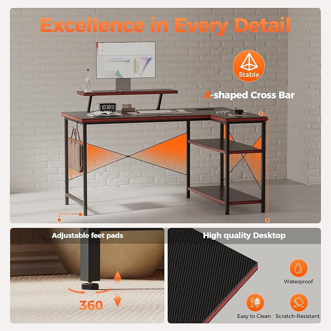 Mericonia 48 in Corner Desk with Monitor Stand, Small L Shaped Gaming Desk | Reversible Computer Desk with Power Outlets, LED Light & Storage Shelves, Office Table for Home Bedroom Study Work Writing
