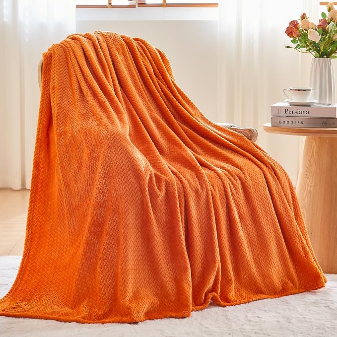 NEWCOSPLAY Fleece Leaves Pattern Queen Blanket, Orange, 90"x90" | Super Soft Throw Blanket, Lightweight Cozy Bed Sofa Blanket, Premium Silky Flannel Fleece, Travel Blanket for All Season Use