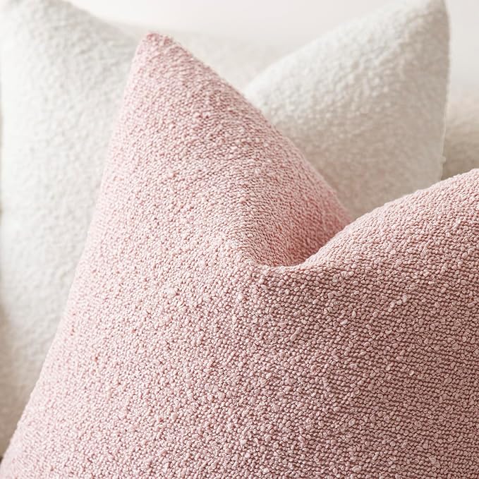 Foindtower Set of 2, Decorative Textured Boucle Throw Pillow Covers Accent Solid Pillow Cases Neutral Soft Cozy Couch Cushion Case for Chair Sofa Bedroom Living Room Home Decor 26x26 Inch Sakura Pink