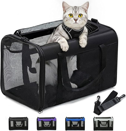 Cat Carrier Bag,Soft-Sided Pet Carriers for Dogs with 4-Sided Mesh,Airline Approved Cat Transport Carrier for Small&Medium Cats Kitten Puppy Up to 15Lb,Collapsible Cat Travel Carrier-M,Black