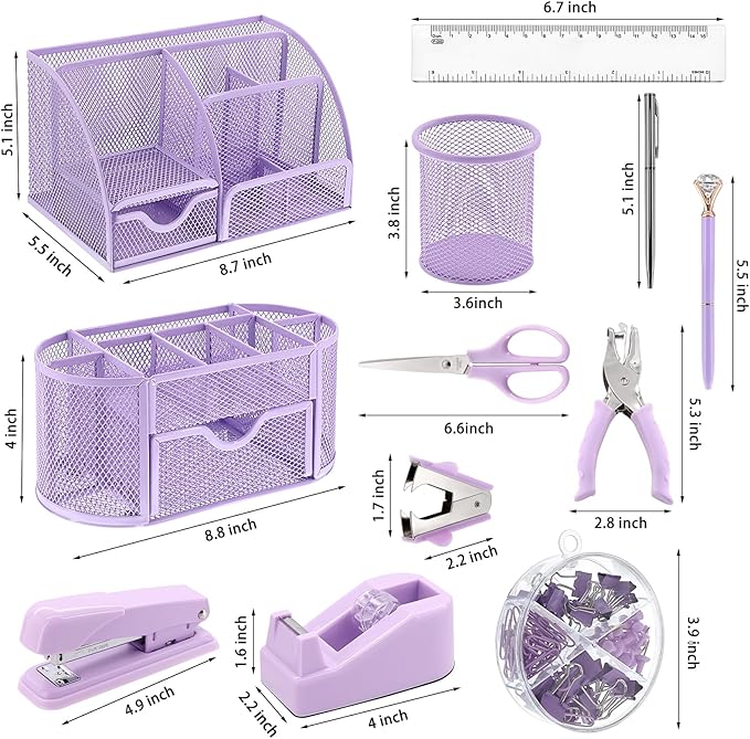 17 in 1 Purple Desk Organizers and Accessories Set, 3 Office Desk Supplies Storage Organization, 4 Pens, Stapler, Staples & Remover, Tape & Dispenser, Scissors, Ruler, Clips, Hole Punch Back to School