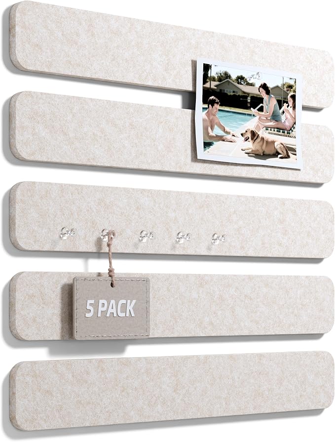 Fluxynara 13" x 2" Felt Wall Panels, Oatmeal | 5-Pack Cork Board Alternative with 35 Push Pins, Adhesive Mounting for Bedroom Door or Home Office