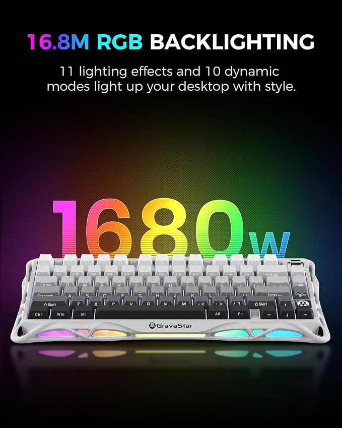 GravaStar Mercury K1 75% Wireless Mechanical Gaming Keyboard RGB Backlit | Gasket Mount, Hot Swappable Linear Switches, Creamy Sound Keyboard, 2.4GHz/USB-C/Bluetooth 5.0, for Win/Mac【Gradient White】