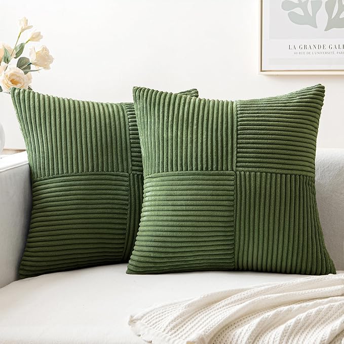 MIULEE Moss Green Decorative Throw Pillow Covers for Couch 18x18 Inch | 2 Pack, Boho Farmhouse Pillow Covers, Soft Cross Corduroy Patchwork Textured Cushion Cases For Bed Sofa
