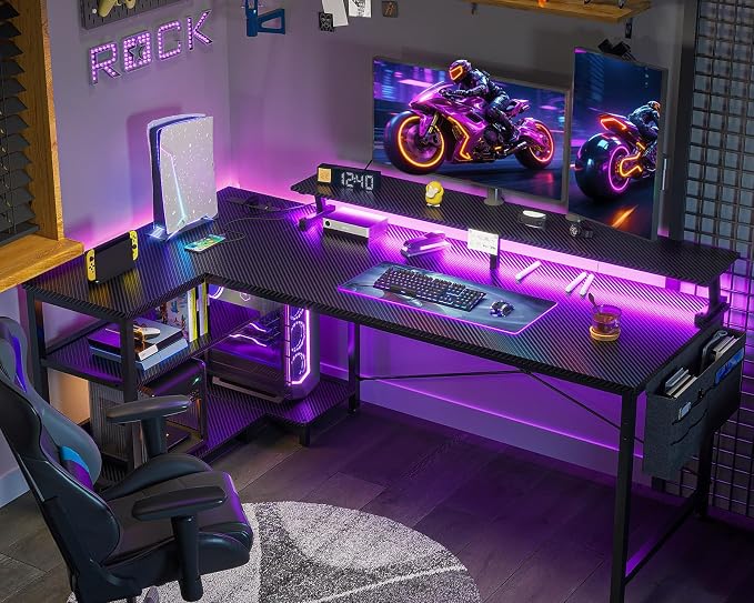 ODK 58 Inch L Shaped Gaming Desk with LED Lights, Power Outlets, Black | Adjustable Monitor Stand, Open Storage Shelves, Hanging Side Bag, PC Tower Stand, Reversible Layout for Gaming