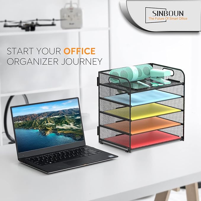 Letter Tray Paper Organizer 5-Tier Desk Organizer File Organizer Paper Holder with Handle, Metal Desktop Document Shelf Tray Office Classroom Organization - Black