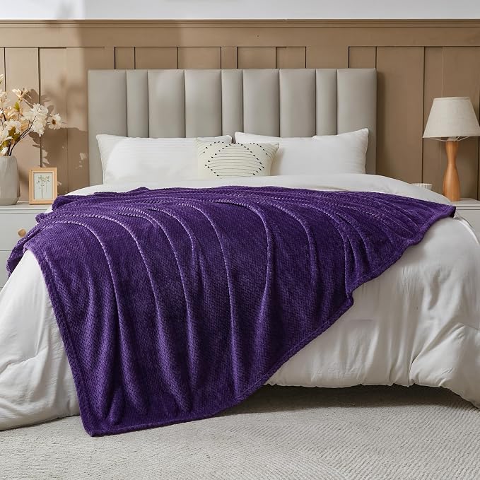 NEWCOSPLAY Fleece Leaves Pattern Queen Blanket, Dark Purple, 90"x90" | Super Soft Throw Blanket, Lightweight Cozy Bed Sofa Blanket, Premium Silky Flannel Fleece, Travel Blanket for All Season Use