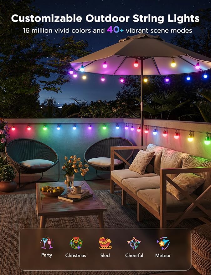 Govee Smart Outdoor String Lights 2, 48ft RGBIC Patio Lights with 15 Bulbs | Dimmable Warm White LED Bulbs, IP65 Waterproof, 47 Scene Modes for Backyard, Balcony, Work with Alexa, App Control