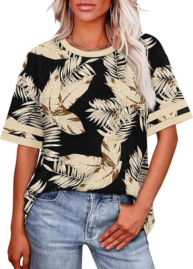 WIHOLL Womens T Shirts Loose Fit Short Sleeve Tees Crew Neck Color Block Summer Tops 2026 Fashion