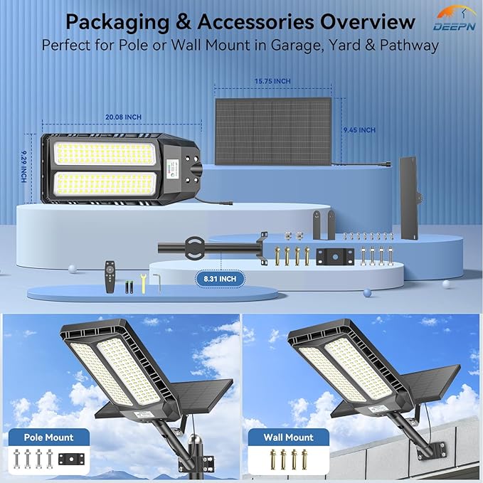 Deepn Solar Lights Outdoor, 8000W Solar Street Lights Outdoor Waterproof Dusk to Dawn LED Security Flood Light with Motion Sensor and Remote Control for Pathway, Entryway & Yard, 2 Pack