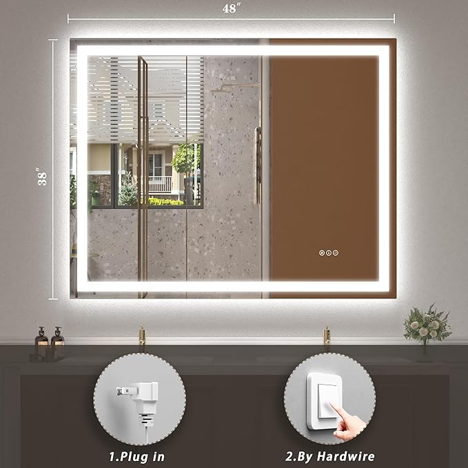 48x38 inch LED Mirror for Bathroom, Lighted Mirror for Wall, Dimmable, Anti-Fog, Shatter-Proof, ETL Listed (Front Lights + Backlit)