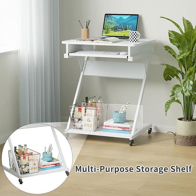 ALISENED Computer Desk for Small Spaces Compact Desk with Keyboard Tray | 23.6" Z-Shaped, with Wheels and Bottom Shelves, for Home Office, Computer Cart Mobile Laptop Cart, White