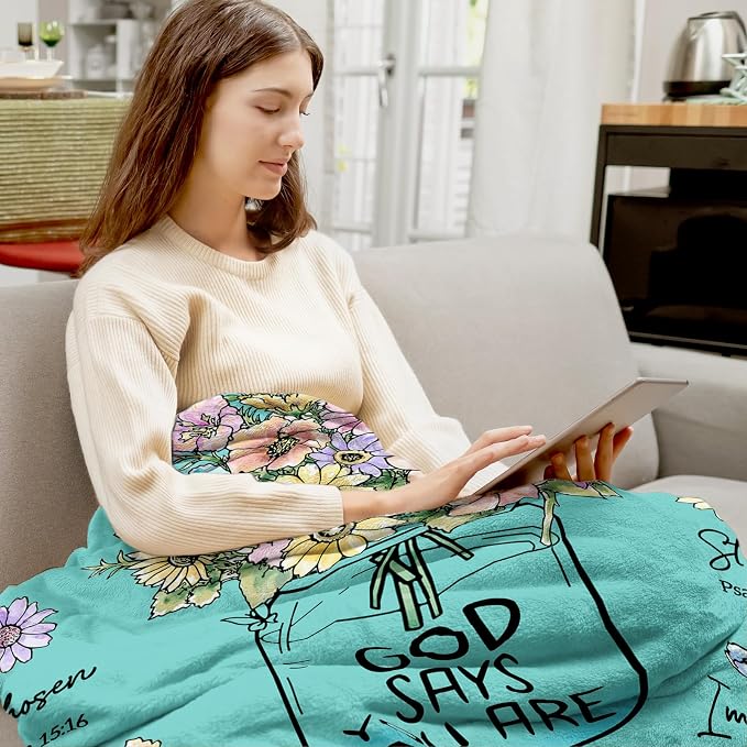 Christian Gifts for Women, Aqua Christian Blanket with Flowers 80''x 60'' | Birthday Gifts for Women, Spiritual Baptism Religious Gifts for Sister Mom Daughter Girls Wife, Soft Throw Blankets