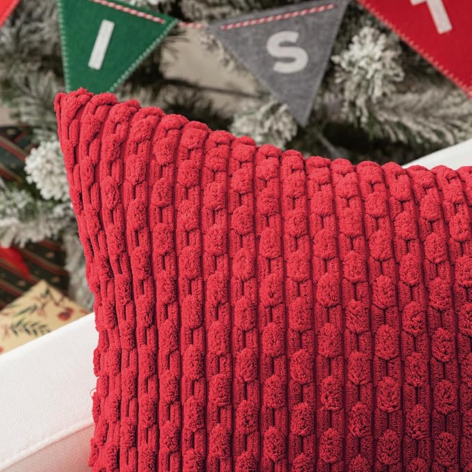 Kevin Textile Soft Corduroy 12"x24" Lumbar Pillow Cover 1 Pack, Red | Boho Stripe Plush Corduroy Decorative Oblong Cushion Cover Modern Farmhouse Home Decor for Sofa Couch Bed Chair