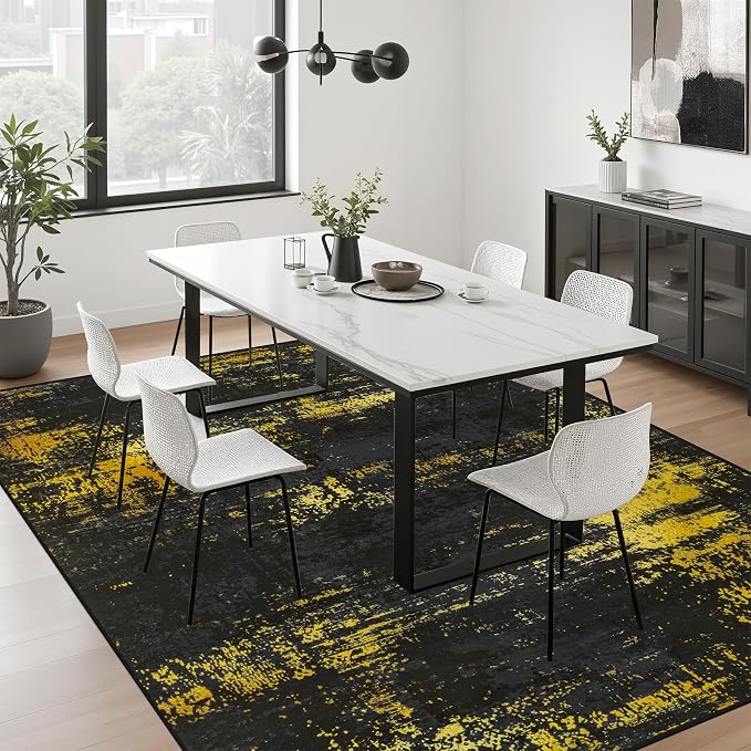 6x9 Area Rug Living Room Rug: Washable Modern Abstract Soft Thin Rug Indoor Floor No Slip Carpet for Bedroom Dining Room Farmhouse Nursery Home Office - Dark Black Gold