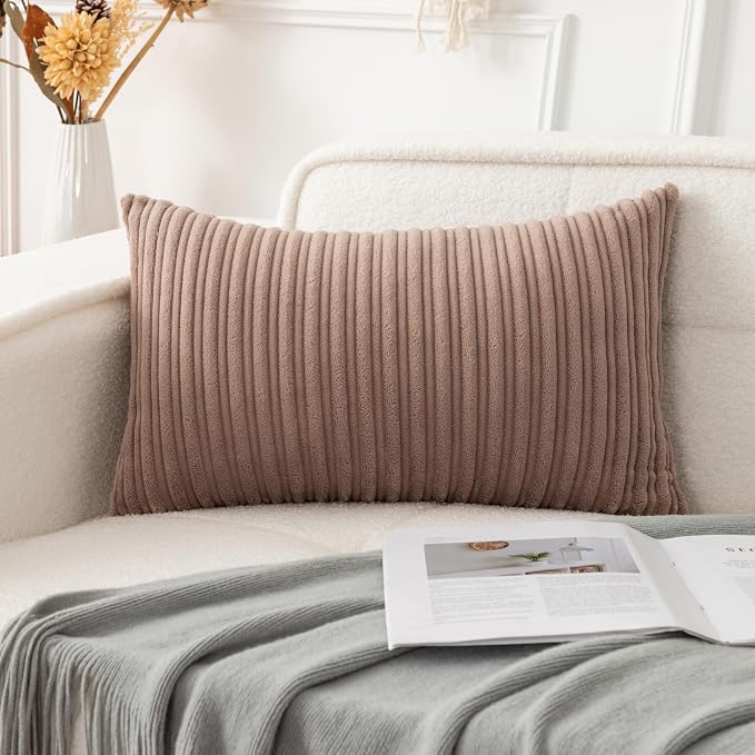UGASA 14x24 Inch Pillow Cover Pack of 1 Soft Boho Stripe Corduroy Long Rectangle Lumbar Cushion Case Farmhouse Decorative Throw Pilowcase for Bed, Couch, Sofa, Bedroom, Living Room, Light Brown