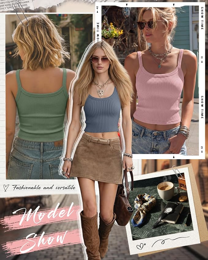 Ficerd 3 Pack Women's Tank Tops 95% Cotton Spaghetti Strap Ribbed Crop Camisole Slim Fitted Basic Summer Sleeveless Layer