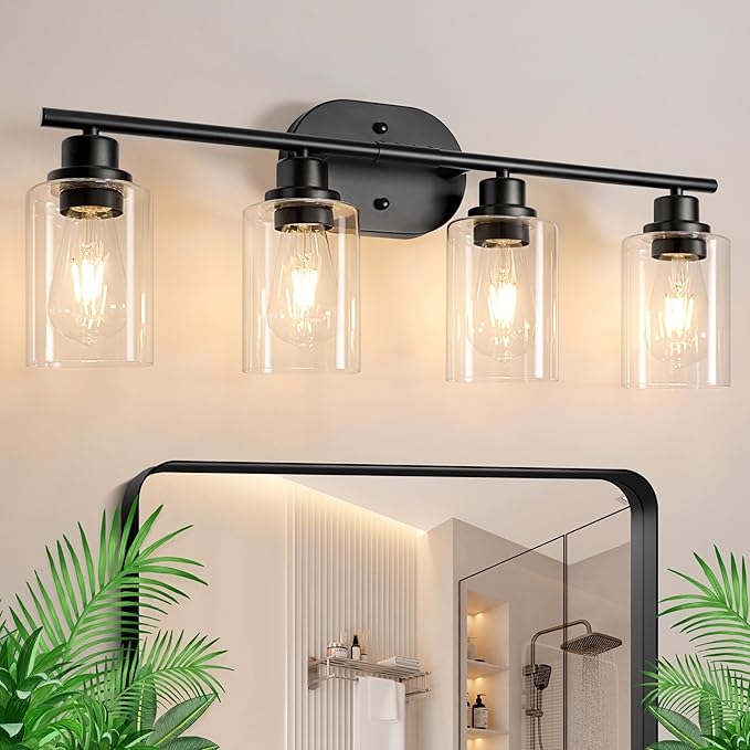 Ascher 4-Light Bathroom Light Fixtures, Modern Vanity Lights with Clear Glass Shade, Matte Black Wall Lamp for Bathroom Mirror Hallway Cabinet Porch