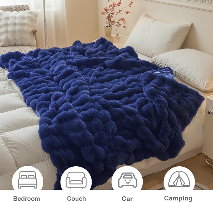 LIFEREVO Luxury Fluffy Faux Rabbit Fur Throw Blanket 50x60, Navy Blue | Plush Bubble Blanket for Bed Couch Sofa Office, Decorative Soft Cute Royal Furry Lap Throw for Kids Teens Adults, Washable