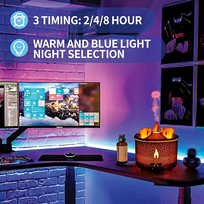 BOHOFAM Aroma Essential Oil Diffuser 360 ML,Volcano and Flame Diffuser/Humidifier,give1.76 oz Hotel Collection Essential Oils,Blue/red Light Selection,Diffusers for Home,Large Room(Black Cracks)