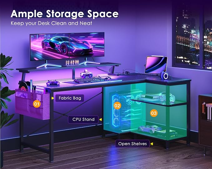 ODK 48 Inch L Shaped Gaming Desk with LED Lights, Power Outlets, Black | Adjustable Monitor Stand, Open Storage Shelves, Hanging Side Bag, PC Tower Stand, Reversible Layout for Gaming