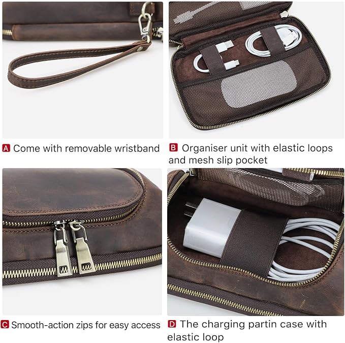 Hiram Handmade Crazy Horse Leather Electronic Organizer Travel Case Charger Organizer Travel Case Coffee