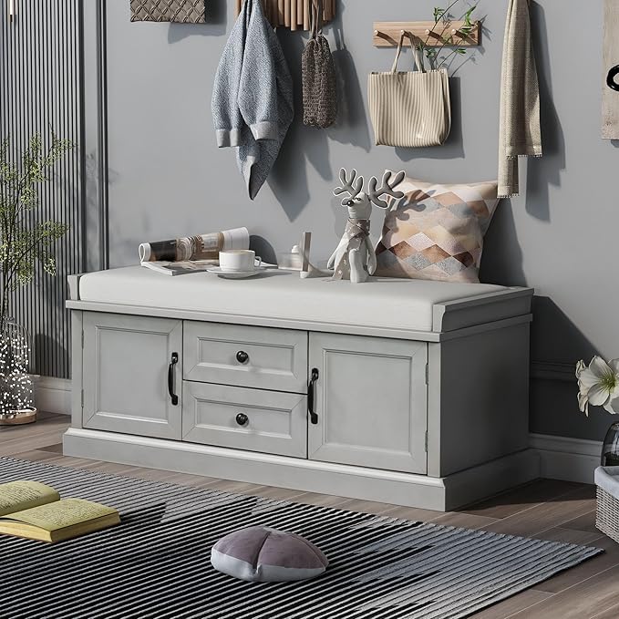 GDFStudio Rustic Storage Bench with 4 Doors 2 Draws Adjustable Shelves Removable Cushion Rectangular Cabinet Foot Rest Stool Solid Wood Shoe Bench Seating for Entryway Living Room, Gray Wash