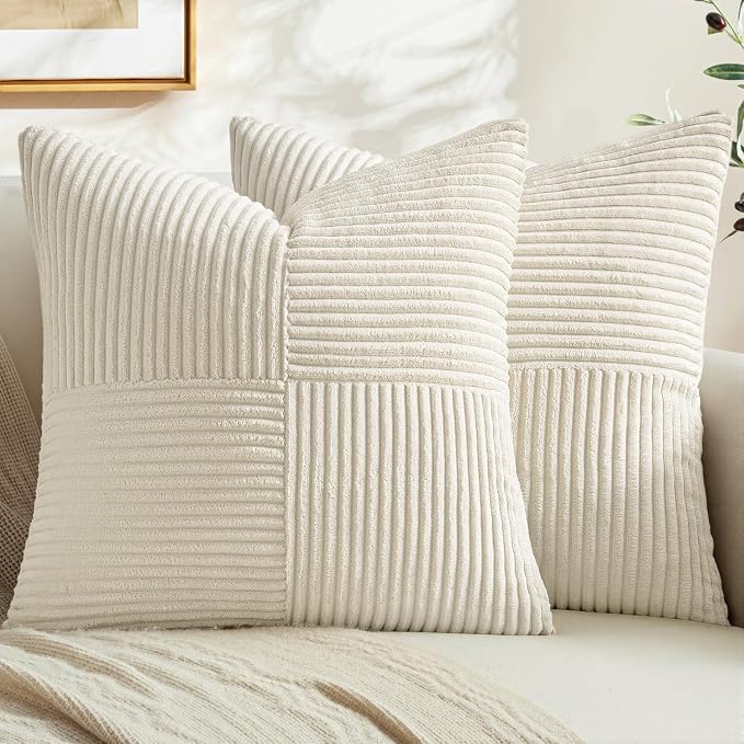 MIULEE Cream White Decorative Throw Pillow Covers for Couch 18x18 Inch | 2 Pack, Beige Neutral Boho Farmhouse Pillow Covers, Soft Cross Corduroy Patchwork Textured Cushion Cases For Bed Sofa