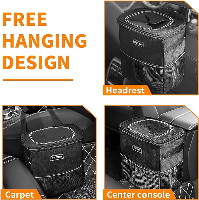 HOTOR 3 Gallons Car Trash Can, Ultra Large Capacity Organizer and Storage with Adjustable Straps & Magnetic Snaps, Waterproof Car Accessory for Interior Car Stuff Storage, Black