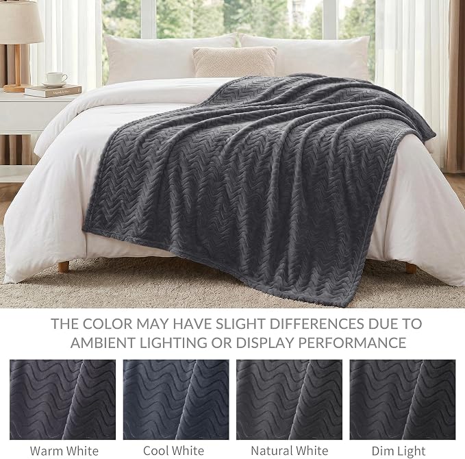 Exclusivo Mezcla Soft Fleece Blanket Queen Size for Bed, Sofa, Dark Grey | 90"x90" Breathable Lightweight Flannel Blanket for Summer, Plush Cozy Jacquard Wave for Home Decor