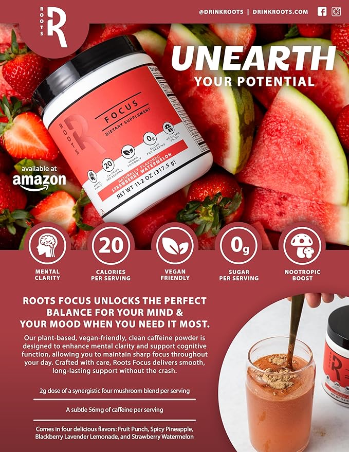 Roots Focus Nootropic Brain Supplement - Fruit Punch, Blend of Lion's Mane, Cordyceps, & Reishi Functional Mushrooms + Extended-Release Caffeine, 50 Servings