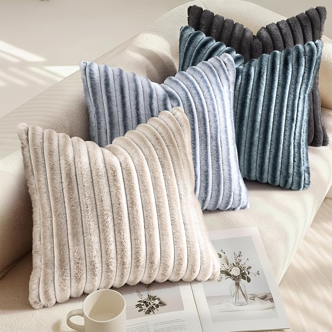 decorUhome Fall Faux Fur Throw Pillow Covers 22x22 Set of 2 Grey White | Decorative Soft Cozy Striped Plush Modern Farmhouse Boho Couch Pillow Cases Velvet Back for Sofa Bed Living Room Home Decor