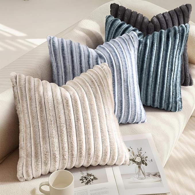 decorUhome Fall Faux Fur Throw Pillow Covers 26x26 Set of 2 Grey White | Decorative Soft Cozy Striped Plush Modern Farmhouse Boho Couch Pillow Cases Velvet Back for Sofa Bed Living Room Home Decor