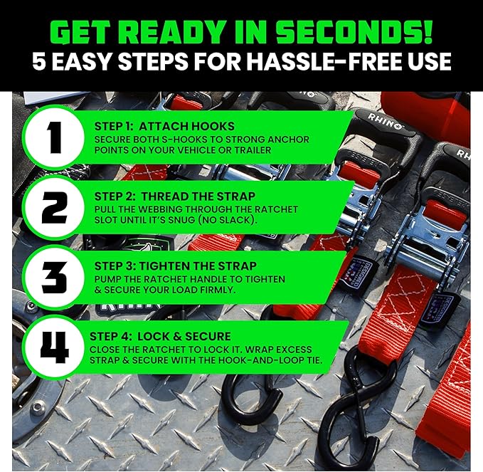 Rhino USA Ratchet Straps Heavy Duty Kit (4-Pack) - 1.6 Inch x 8 Feet Min Break Strength (5,000) - Ultimate Tie Down Straps with Safety S Hooks for Trucks, ATV, UTV, Motorcycle, Cargo & More - Red