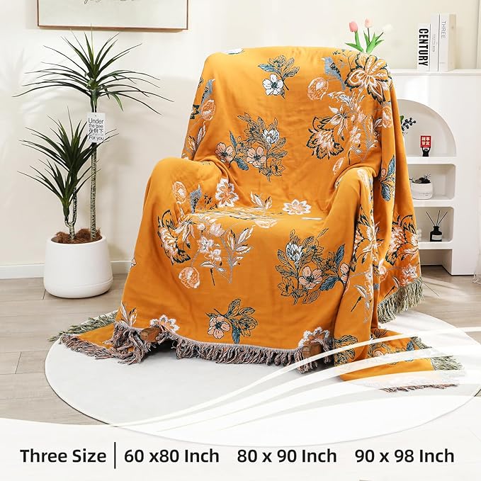 VANJOROY Boho Throw Blanket, 100% Organic Cotton Breathable Skin-Friendly Ultra Soft 50" x 60" Bed Yellow Throw - Floral Rustic Decor Luxury Reversible Blanket for Sofa Couch Chair and Gift,