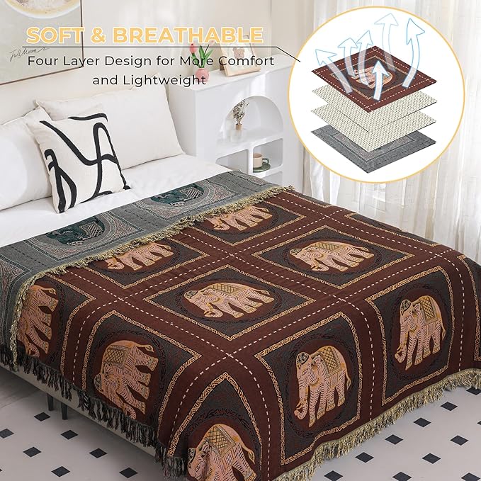 Boho Throw Blanket for Bed with Tassels,100% Cotton Ultra Soft and Cozy Large Blanket Elephant Printed Farmhouse Decor Bed Blankets,60"×80" All Season Rustic Throw for Sofa Couch Chair-Brown