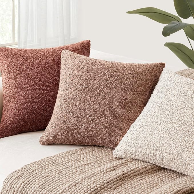 Foindtower Pack of 2, Decorative Textured Boucle Throw Pillow Covers Accent Solid Pillow Cases Cozy Soft Couch Cushion Case for Chair Sofa Bedroom Living Room Home Decor 22x22 Inch Orange Rust Red