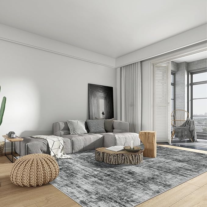 10x14 Area Rugs Washable Rug: Modern Abstract Living Room Rug Soft Anti-Skid Thin Carpet Indoor Floor Non-Shedding Carpets for Bedroom Dining Room Farmhouse Nursery Home Office Black