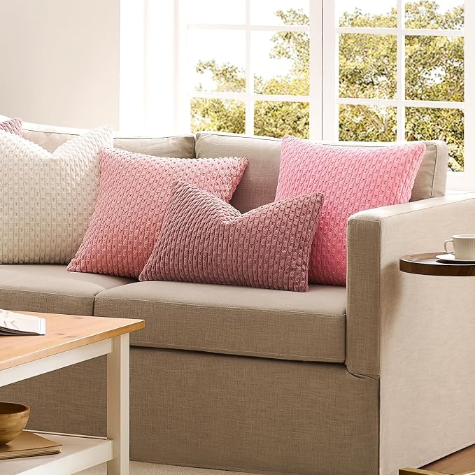 Kevin Textile Soft Corduroy 14"x24" Lumbar Pillow Cover 1 Pack, Dark Pink | Boho Stripe Plush Corduroy Decorative Oblong Cushion Cover Modern Farmhouse Home Decor for Sofa Couch Bed Chair