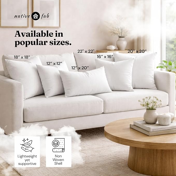 Native Fab Square Pillow Inserts, Pack of 4, 16x16 Inches, White Polyester, Fluffy Decorative Throw Cushions for Sofa, Bedroom, Lounge, Chair, Soft Support & Elegant Home Décor Accent