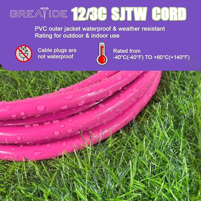 Outdoor Extension Cord with Lighted End, 12 Gauge Heavy Duty Extension Cord 50 FT, 3 Prong Grounded 15 Amp, 12/3 SJTW Waterproof Power Cord for Appliance, UL Listed, Pink