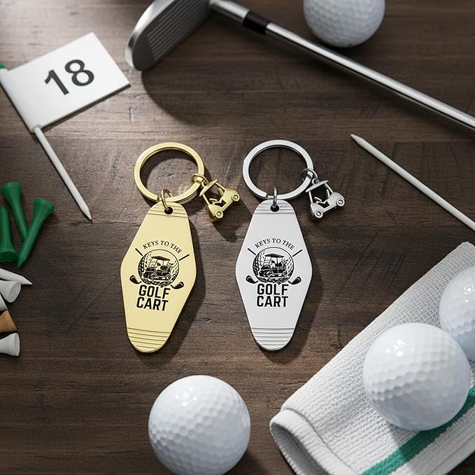 2pcs Golf Cart Keychain for Golfer, Retro Metal Car Accessories, Funny Golf Birthday Gifts Key Ring for Men Father Husband